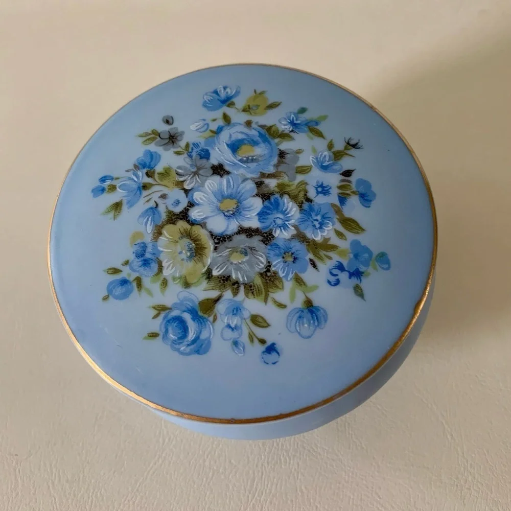 Vintage Hand Painted Blue Trinket Box